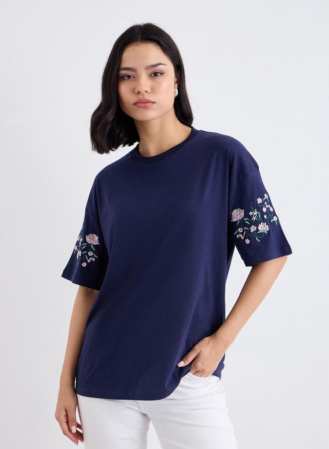 Styli Embroidered Navy Oversized Cotton T-Shirt - Image 1