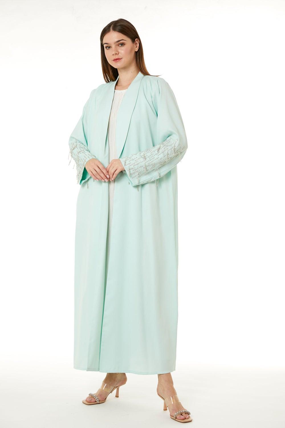 Green Embellished Open Front Festive Abaya - Image 1