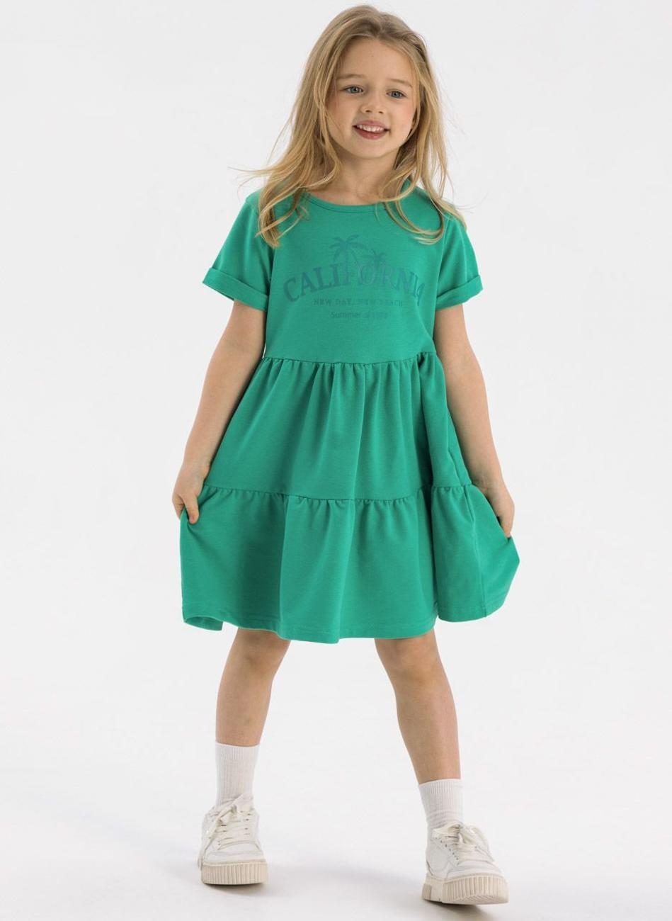 Girls Green Cotton Fleece Tiered Midi Dress - Image 1