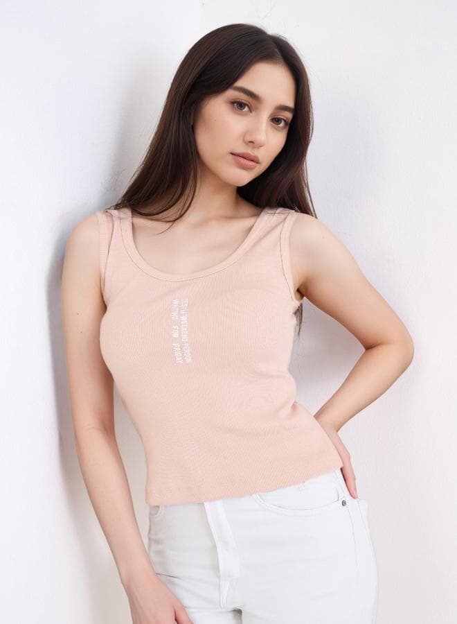 Peach Embroidered Skinny Fit 100% Cotton Tank - Image 1
