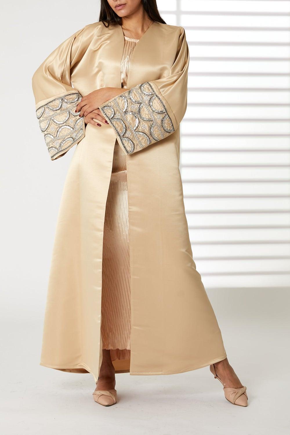 Peach Satin Split Cuffs Embellished Evening Abaya - Image 1
