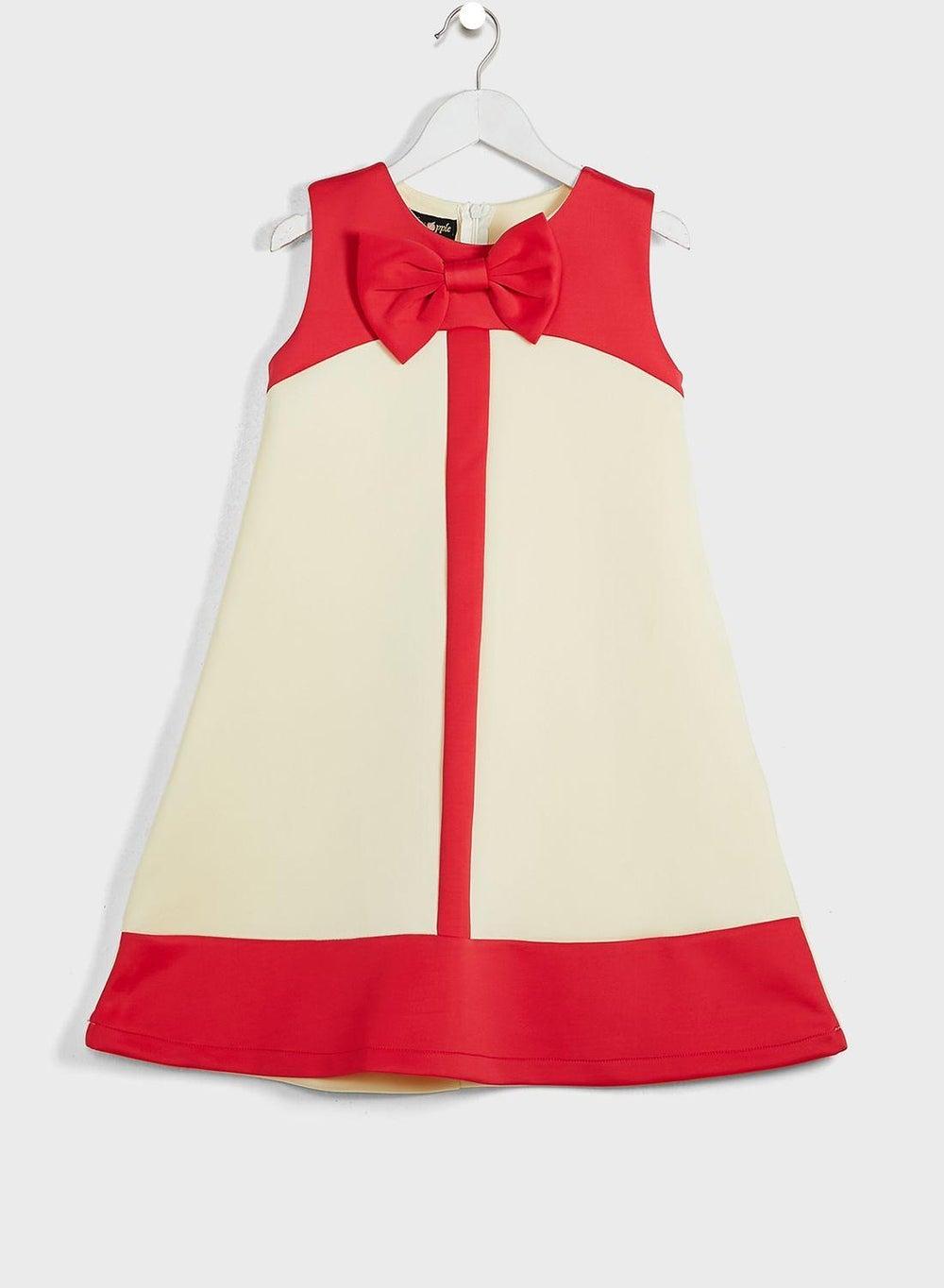 Girls Red & Ivory Bow Accent A-Line Dress - Image 1