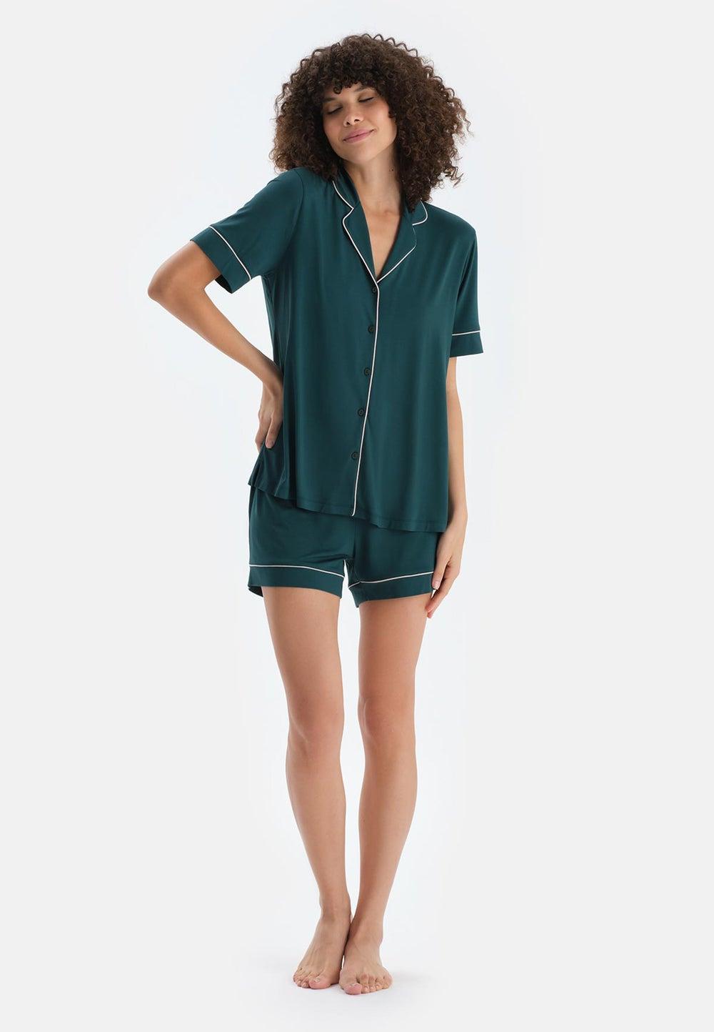 Dark Green Cotton Blend Shirt & Shorts Nightwear Set 25Sw17818Bb - Image 1