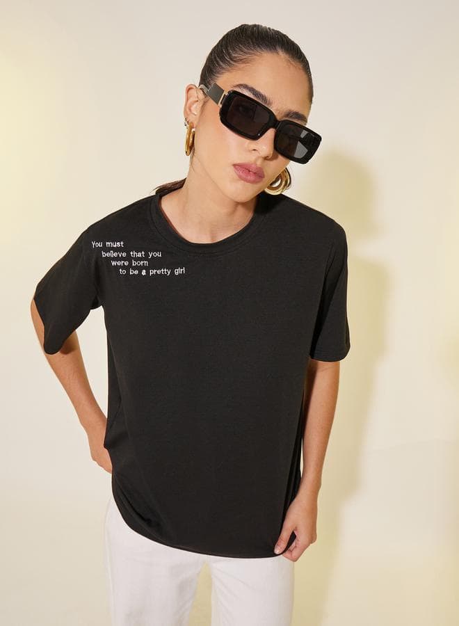 Black Embroidered Crew Neck T-Shirt 7012654501 - Image 1
