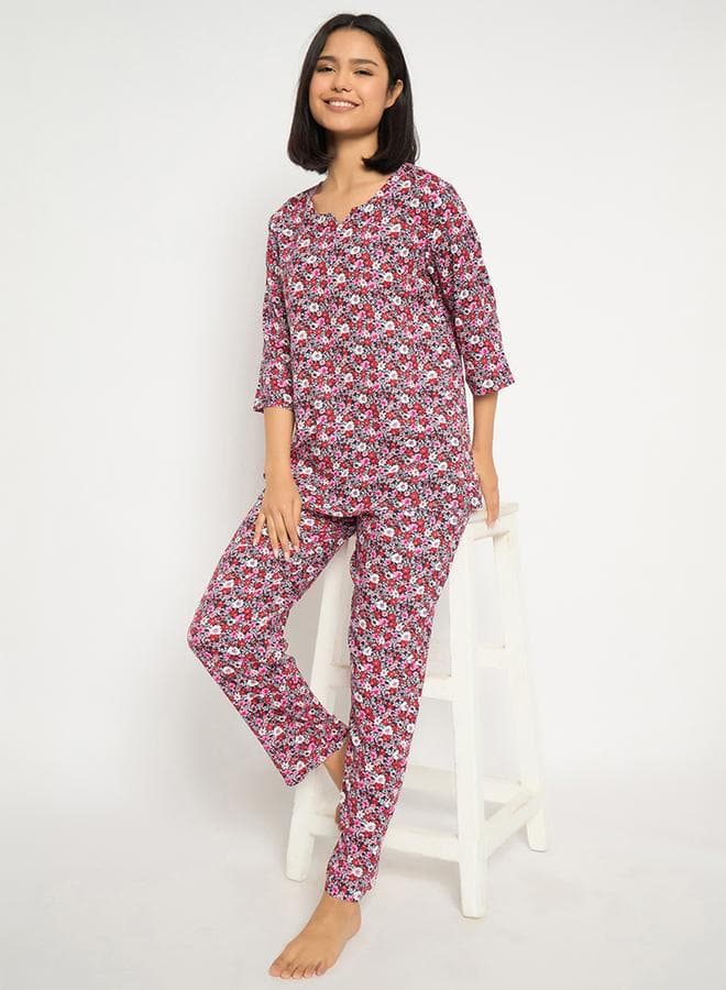 Clovia Red Floral Notch Neck Pyjama Set - Image 1