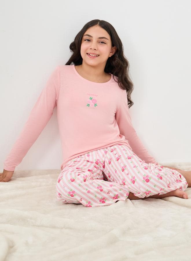 Girls Printed Long Sleeve Tee & Floral Pyjama Set - Image 1