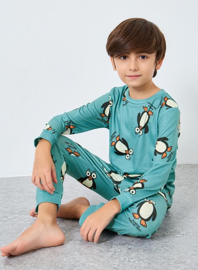 Styli Green Penguin Print Kids Pyjama Set - Image 1