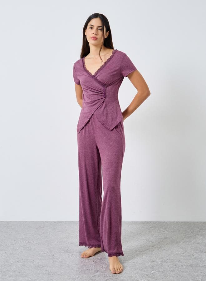 Styli Burgundy Lace Wrap Pyjama Set - Image 1