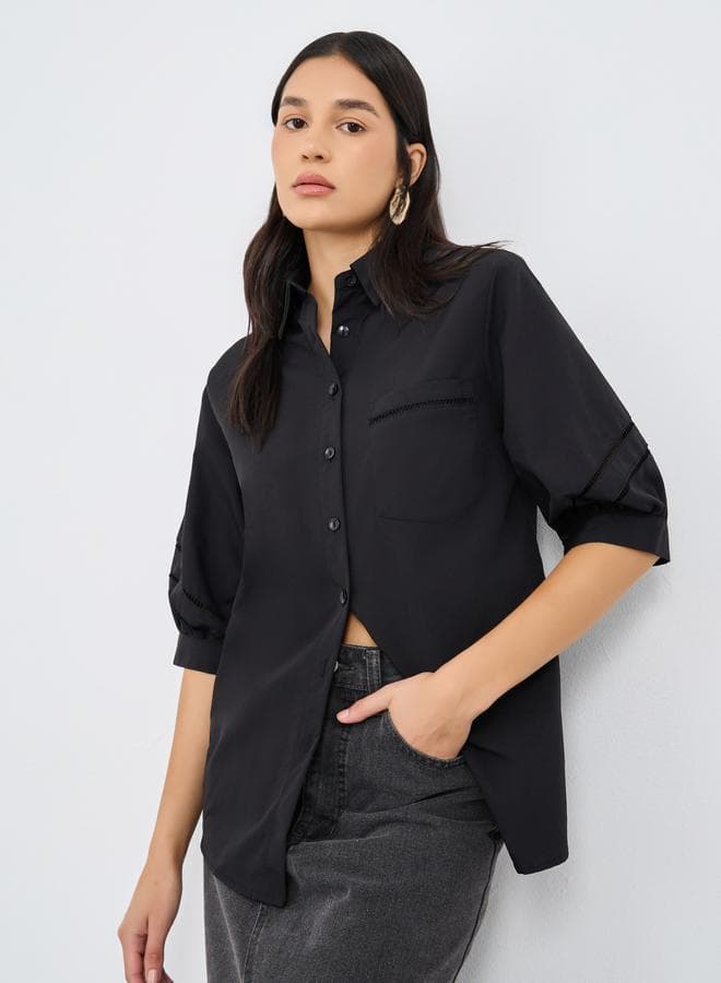 Black Cut-Out Sleeve Longline Shirt for Women - Image 1