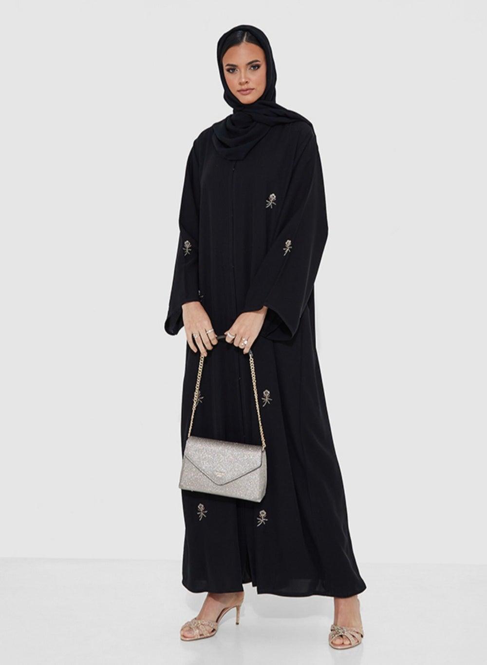 Floral Embroidered Wide Sleeve Black Abaya 52 Inch - Image 1