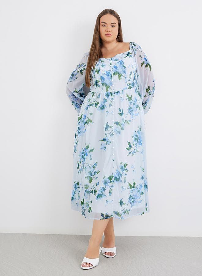 Plus Size Blue Floral Tiered Midi Dress - Image 1