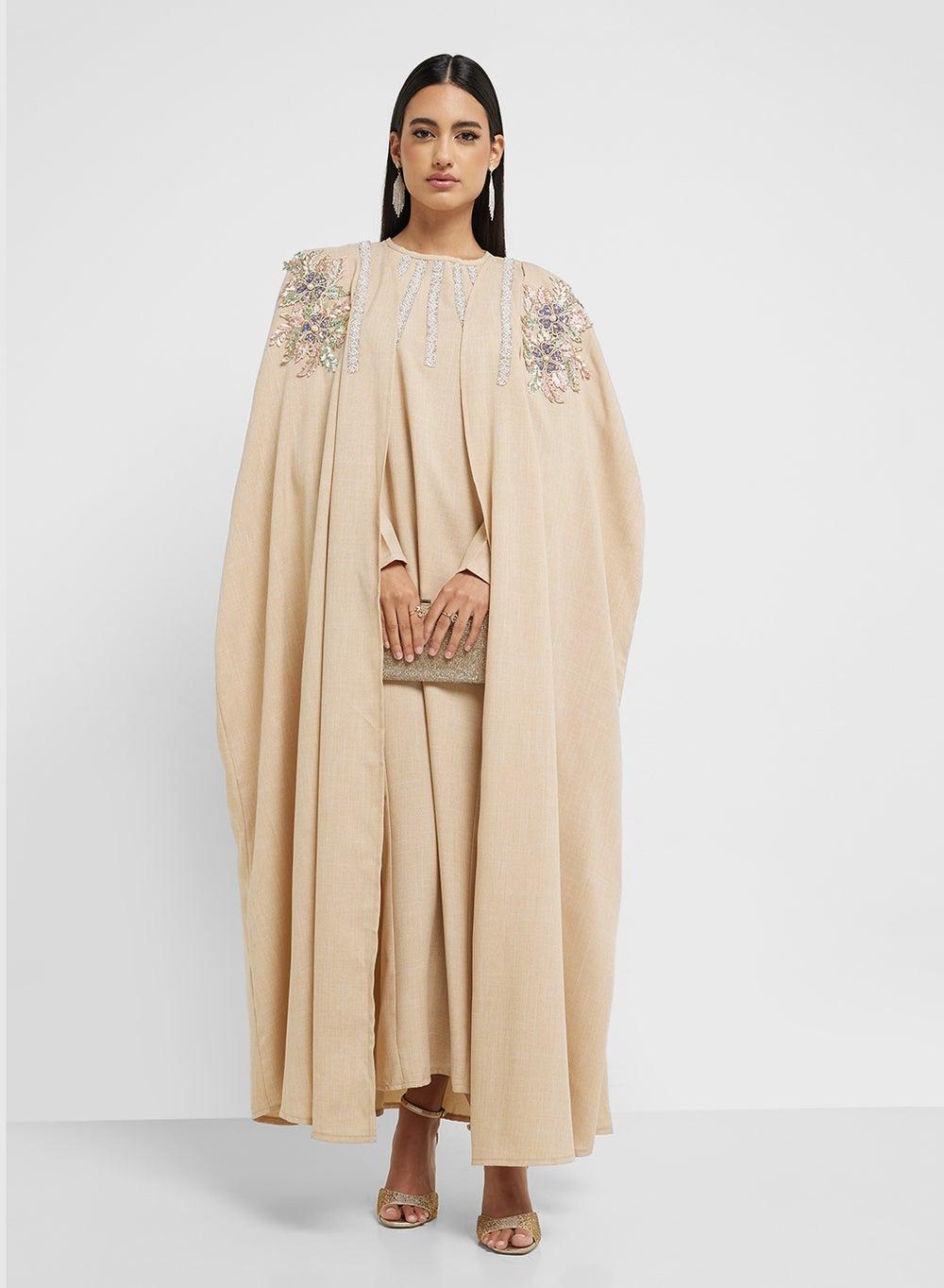 Beige Embroidered Cape Maxi Dress Ss25Dr018 - Image 1