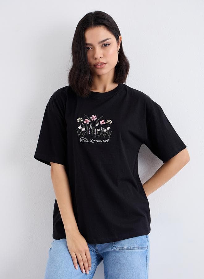 Styli Black Embroidered Oversized Cotton T-Shirt - Image 1