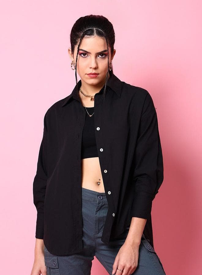 Freehand Black Cotton Oversized Longline Shirt - Image 1