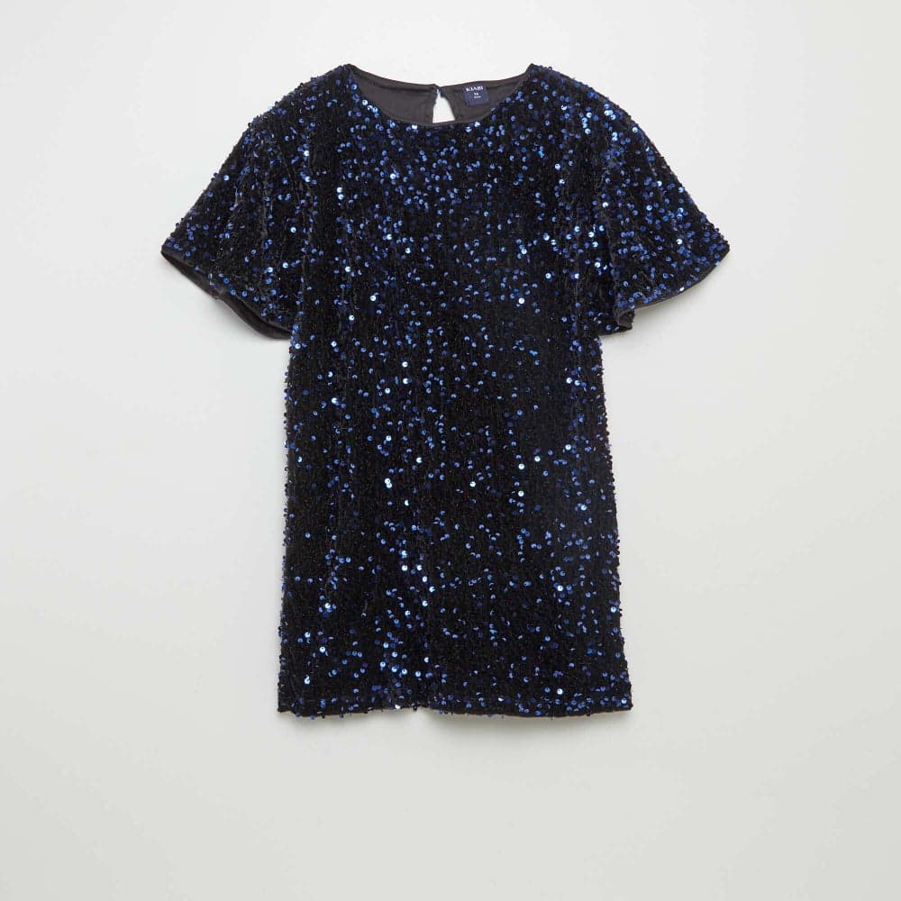 Girls Blue Sequin Mini Dress Short Sleeve - Image 1