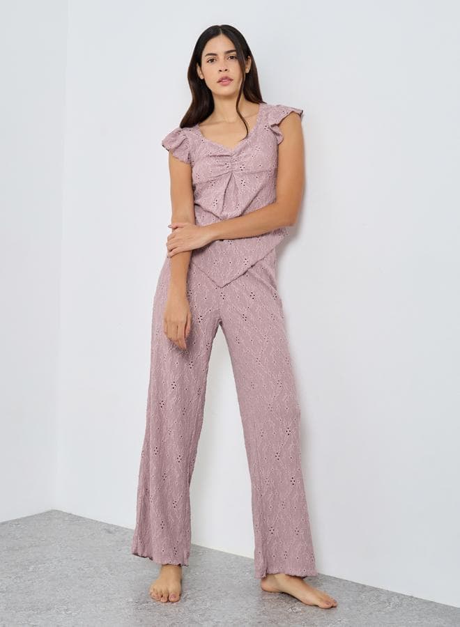 Styli Schiffli Jersey Ruffle Sleeve Pyjama Set Pink - Image 1