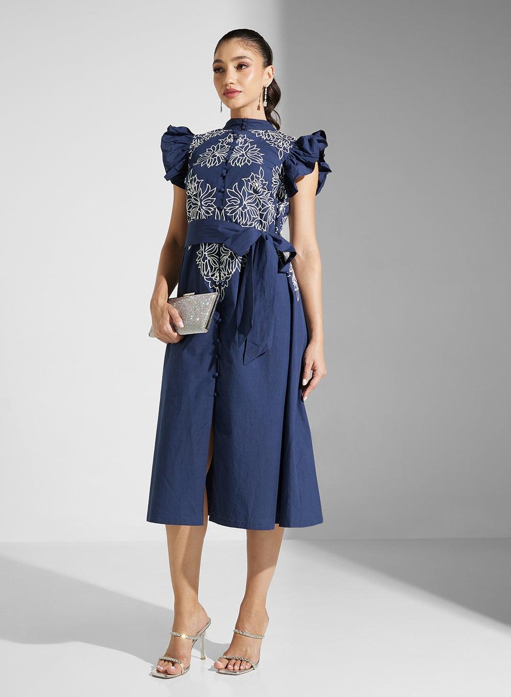 Fsb2569 Navy Floral Embroidered Midi Shirt Dress - Image 1