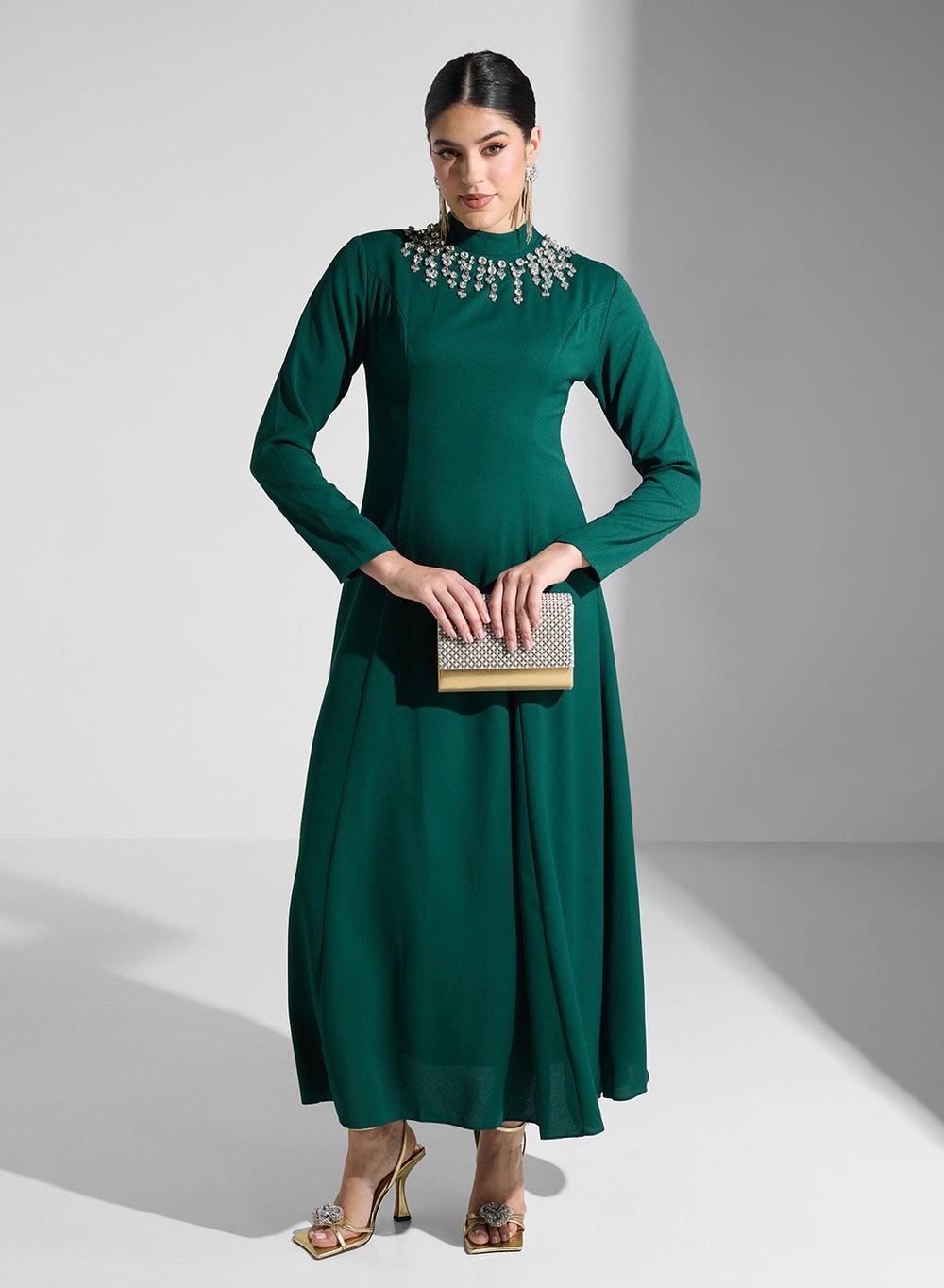 Embellished Neck Crepe Maxi Dress UAE Elegance - Image 1