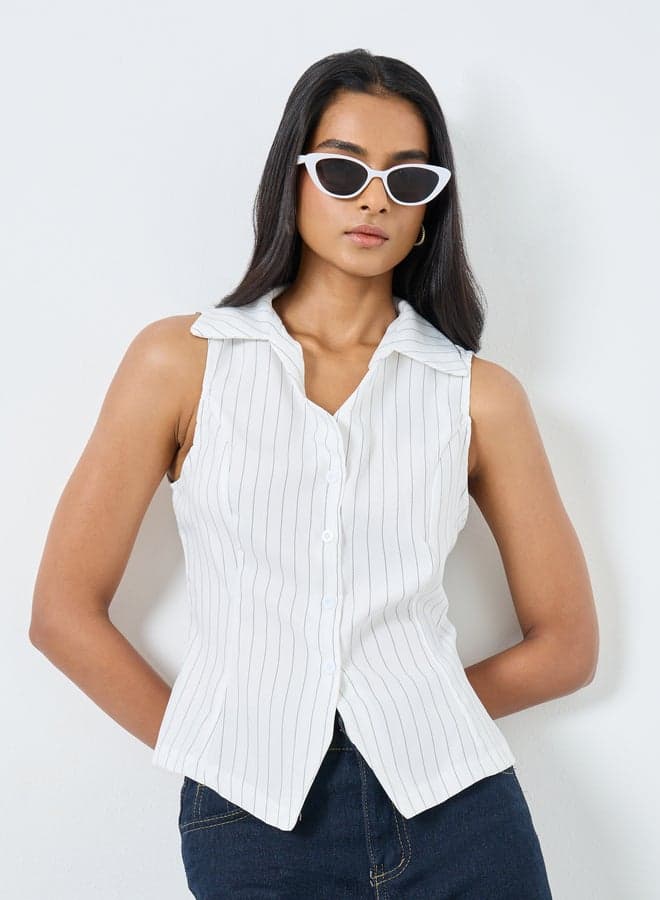 Multi Stripe Sleeveless V-Neck Buttoned Shirt - Image 1