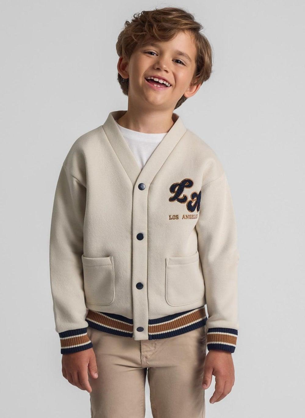 Boys Cream Buttoned Sweatshirt with Chest Applique - Image 1