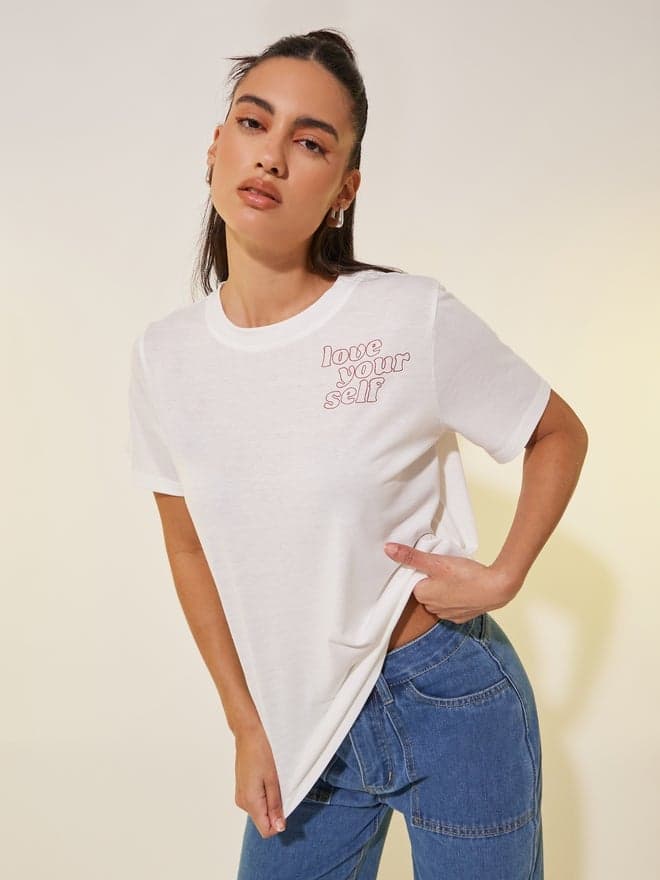 Slogan Print Cropped Round Neck T-Shirt - Image 1