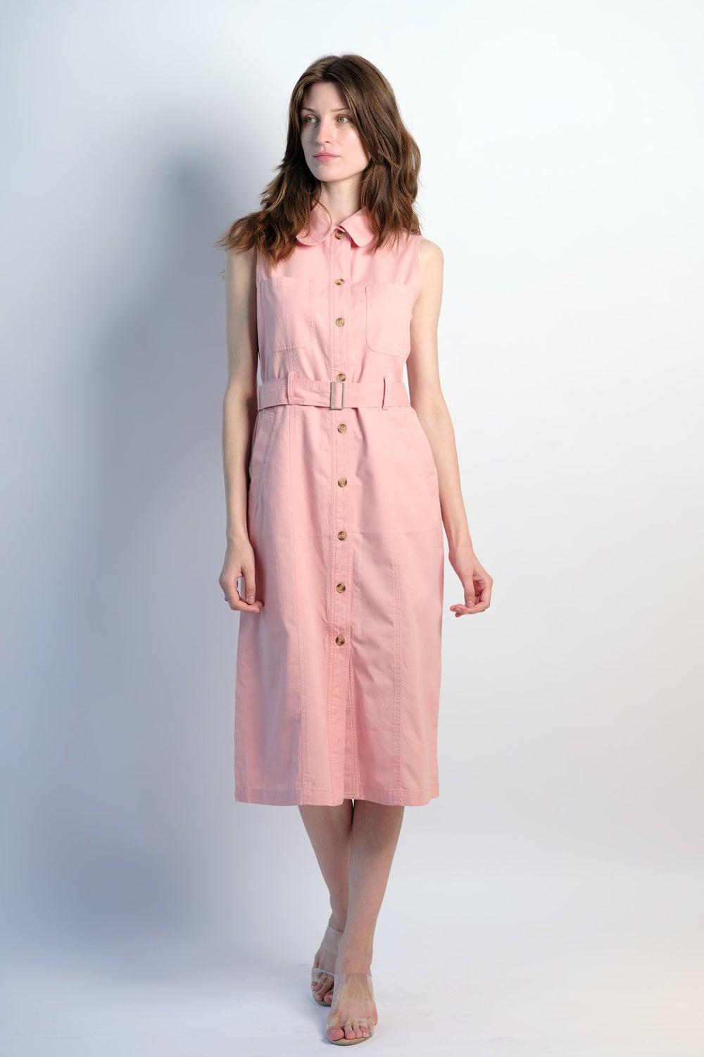 Pink Cotton Twill Midi Shirt Dress with Belt - Image 1