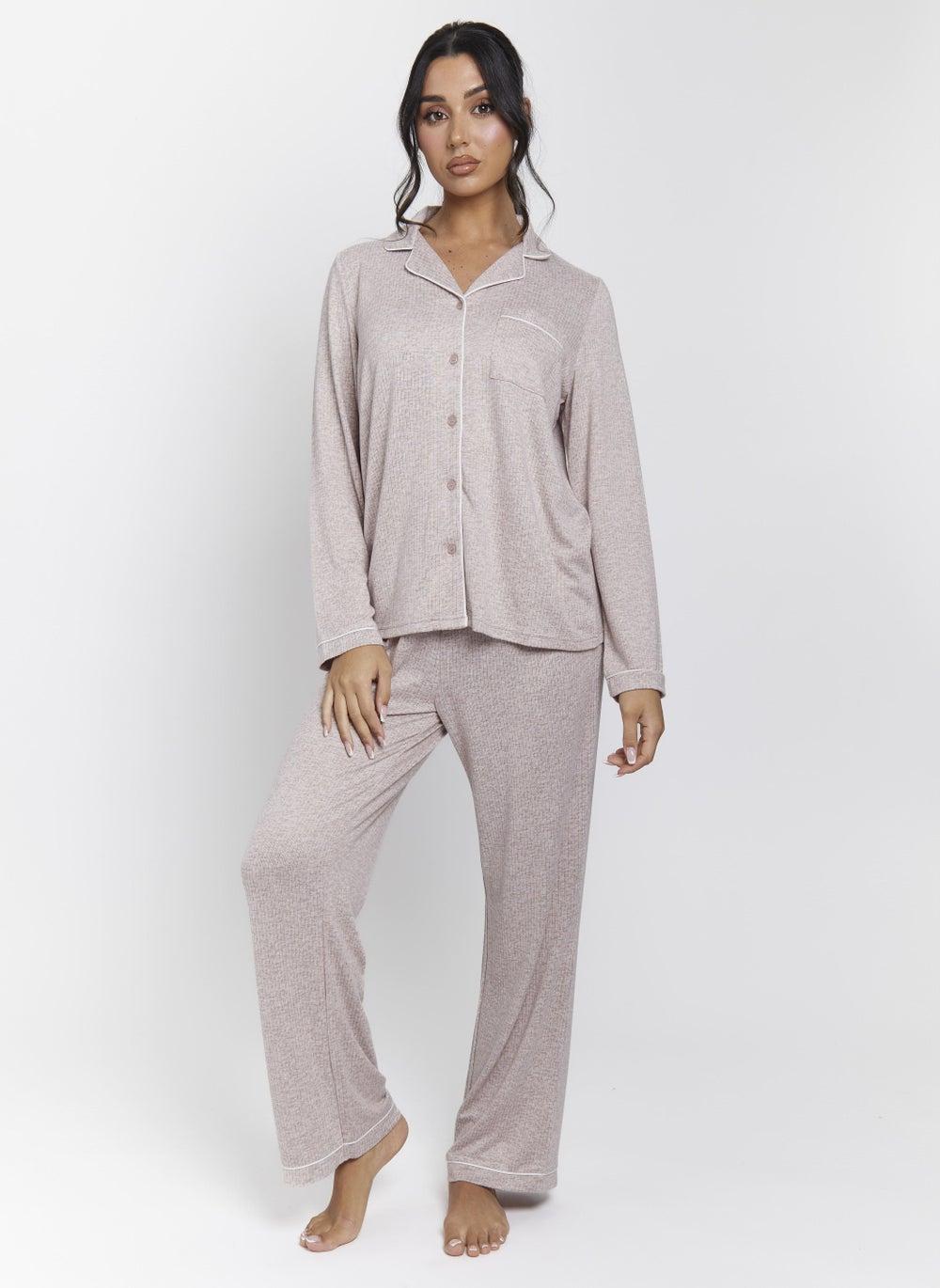 Brushed Rib Buttoned Long Sleeve Pyjama Set - Image 1