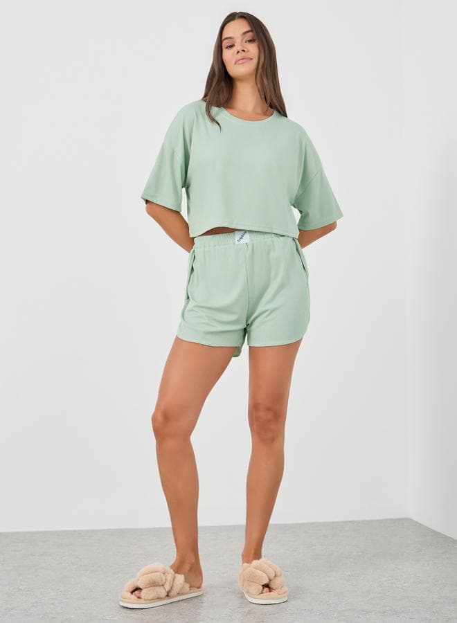 Solid Green Crop Tee & Shorts Lounge Set - Image 1