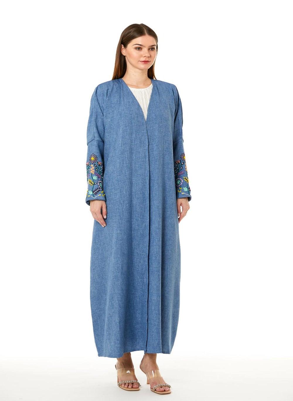 Blue CEY Melange Embroidered Abaya with Scarf - Image 1