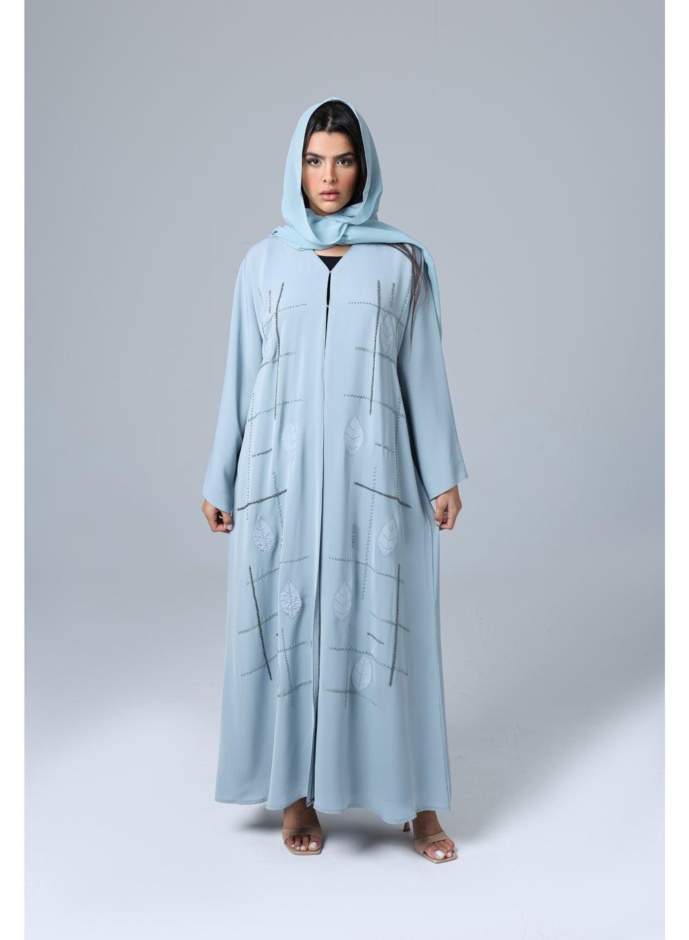 Blue Leaf Embroidered Open Front Abaya - Image 1