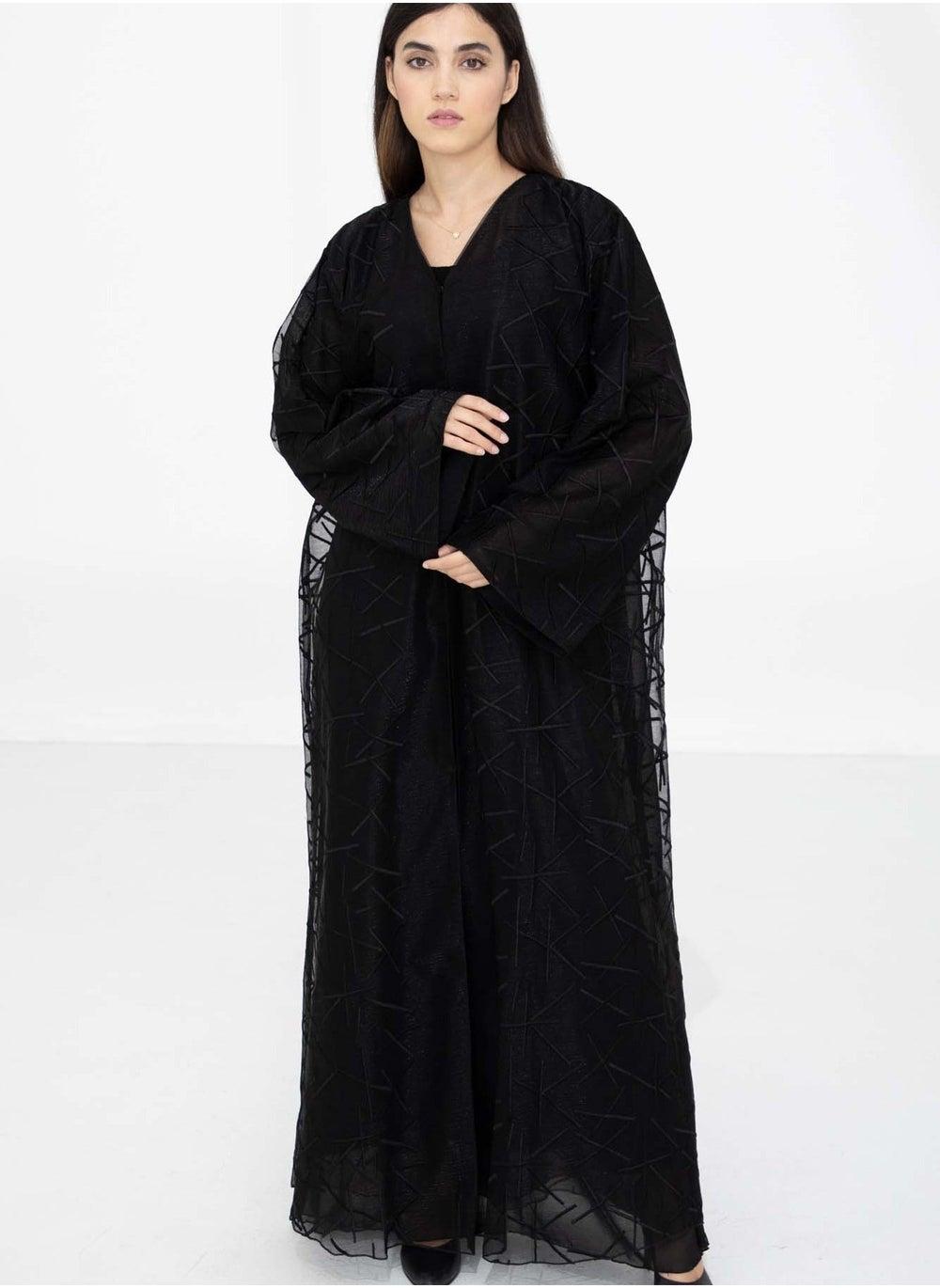 Black Organza Embroidered Overlay Abaya – Tall Fit - Image 1