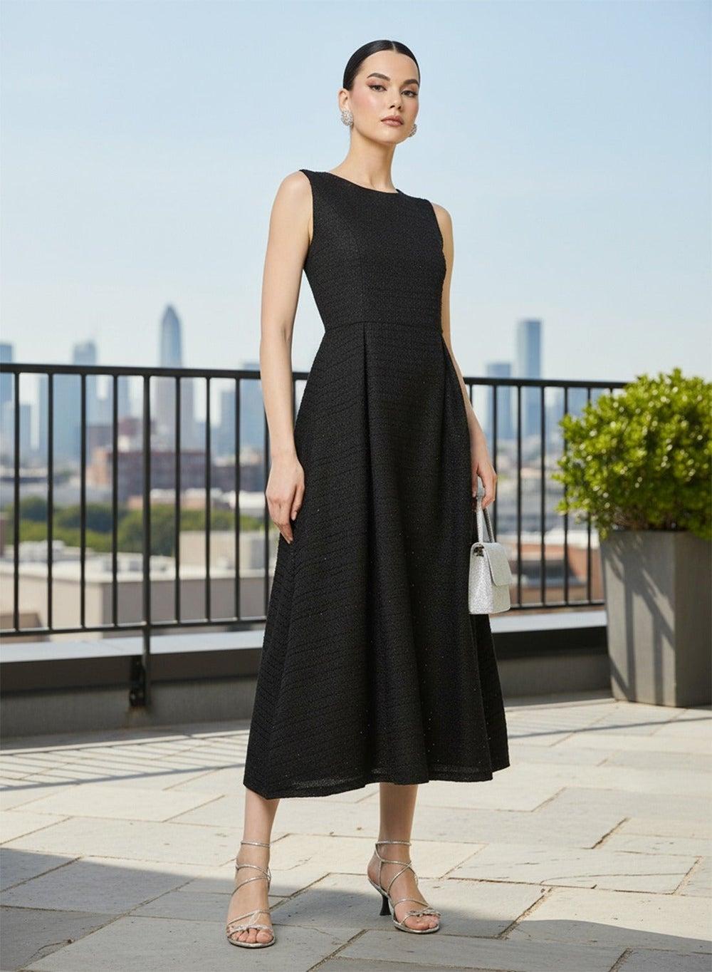 Shirred Volume Hem Black Midi Dress 250328 61 - Image 1
