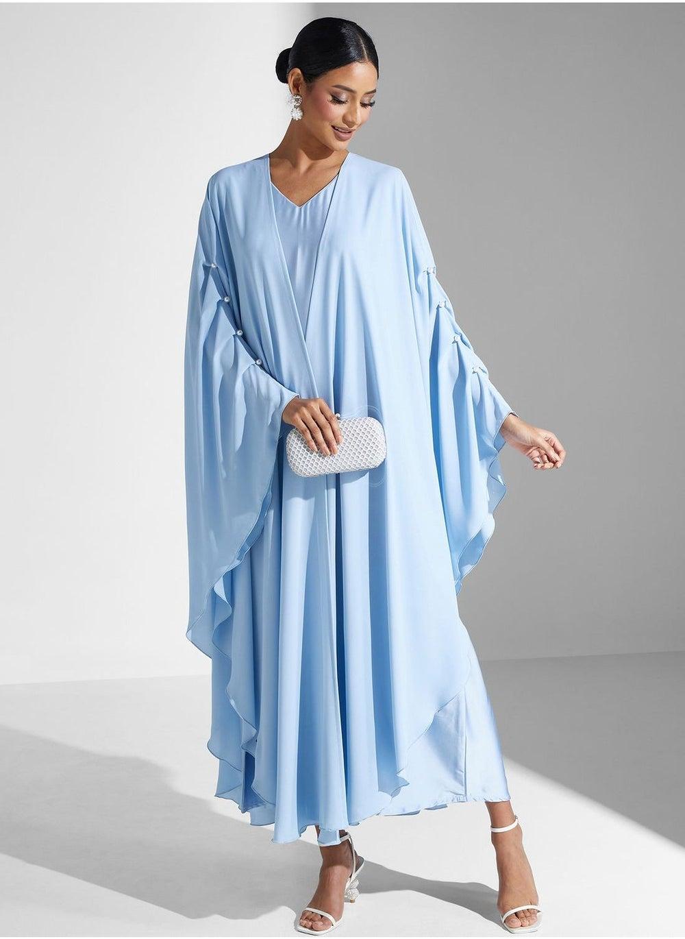 Embellished V-Neck Cape Sleeve Abaya with Sheila - Image 1