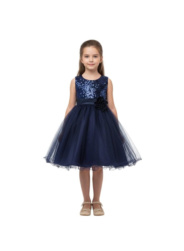 Sequin Bodice Navy Tulle Midi Dress - Image 1