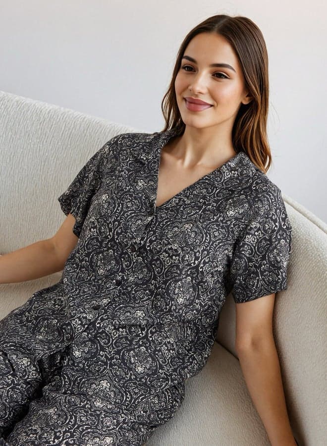 Grey Floral Cotton Pyjama Set with Eye Mask - Image 1