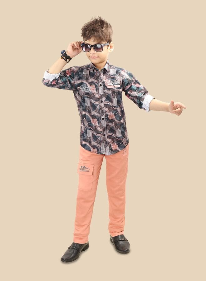 Boys Orange Printed Buttoned Shirt & Pant Set - Image 1