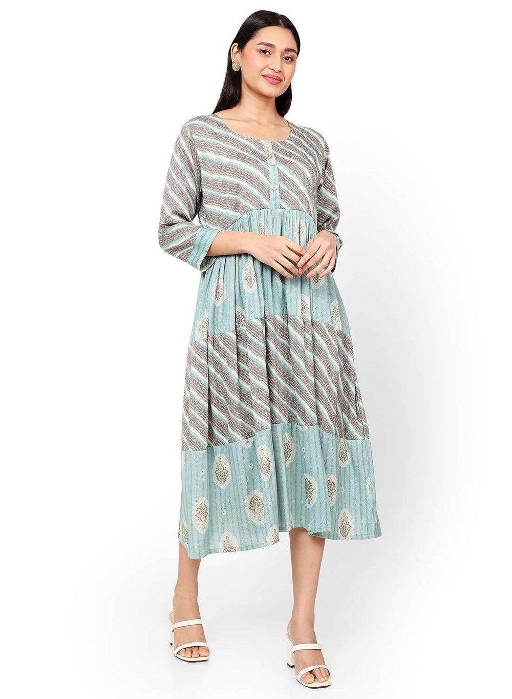 Blue Floral Stripe Buttoned Jalabiya Kaftan Dress - Image 1