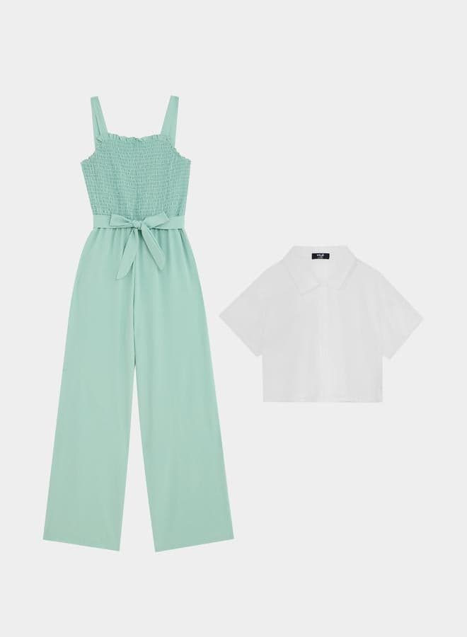 Green Chiffon Shirt & Cami Jumpsuit Set 2111336213 - Image 1