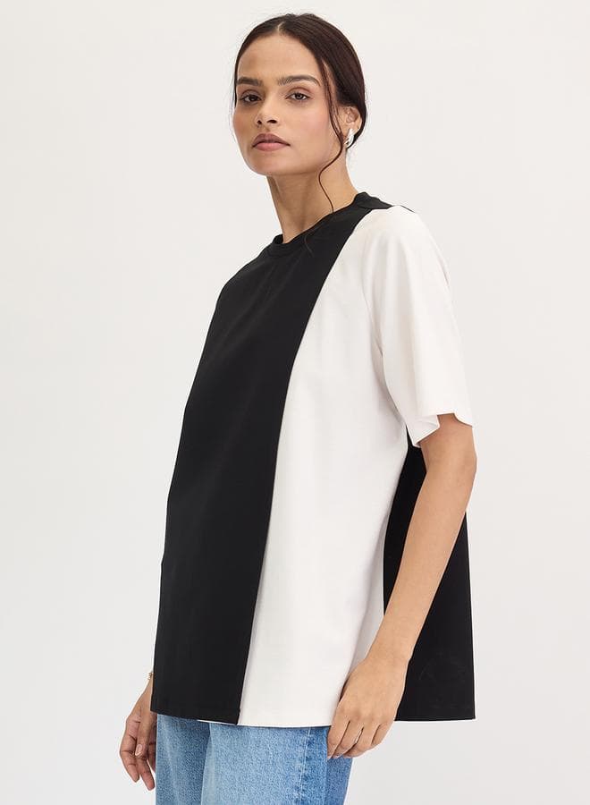 Femmella Black Color Block Oversized Viscose Top - Image 1