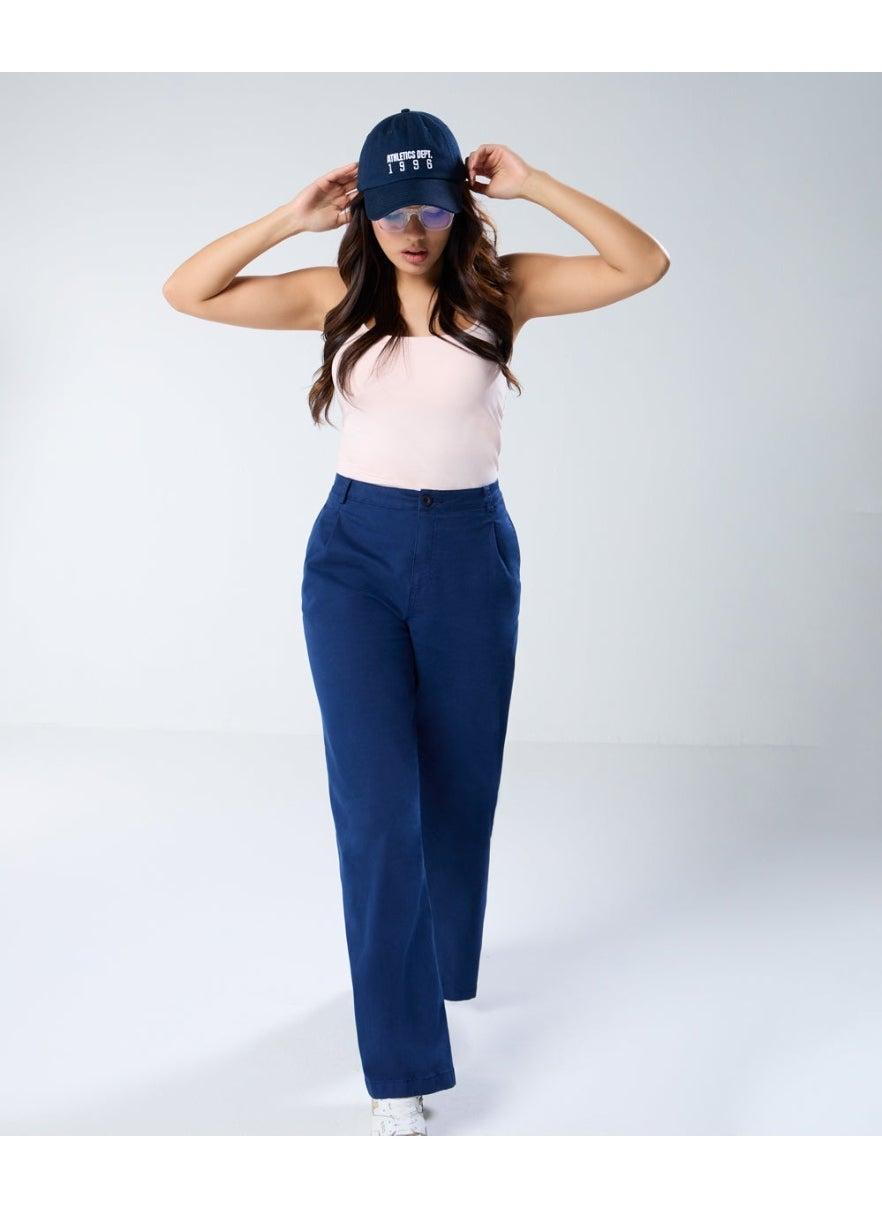 Navy Blue Twill Straight-Fit High Rise Pants - Image 1