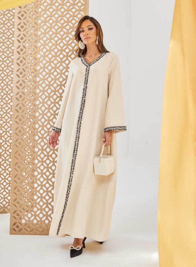 Cream Tweed Lace A-Line Jalabiya 7012145711 - Image 1