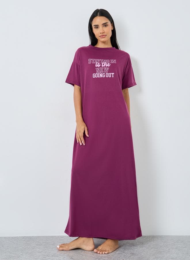 Styli Burgundy Slogan Print Sleep T-Shirt Dress - Image 1