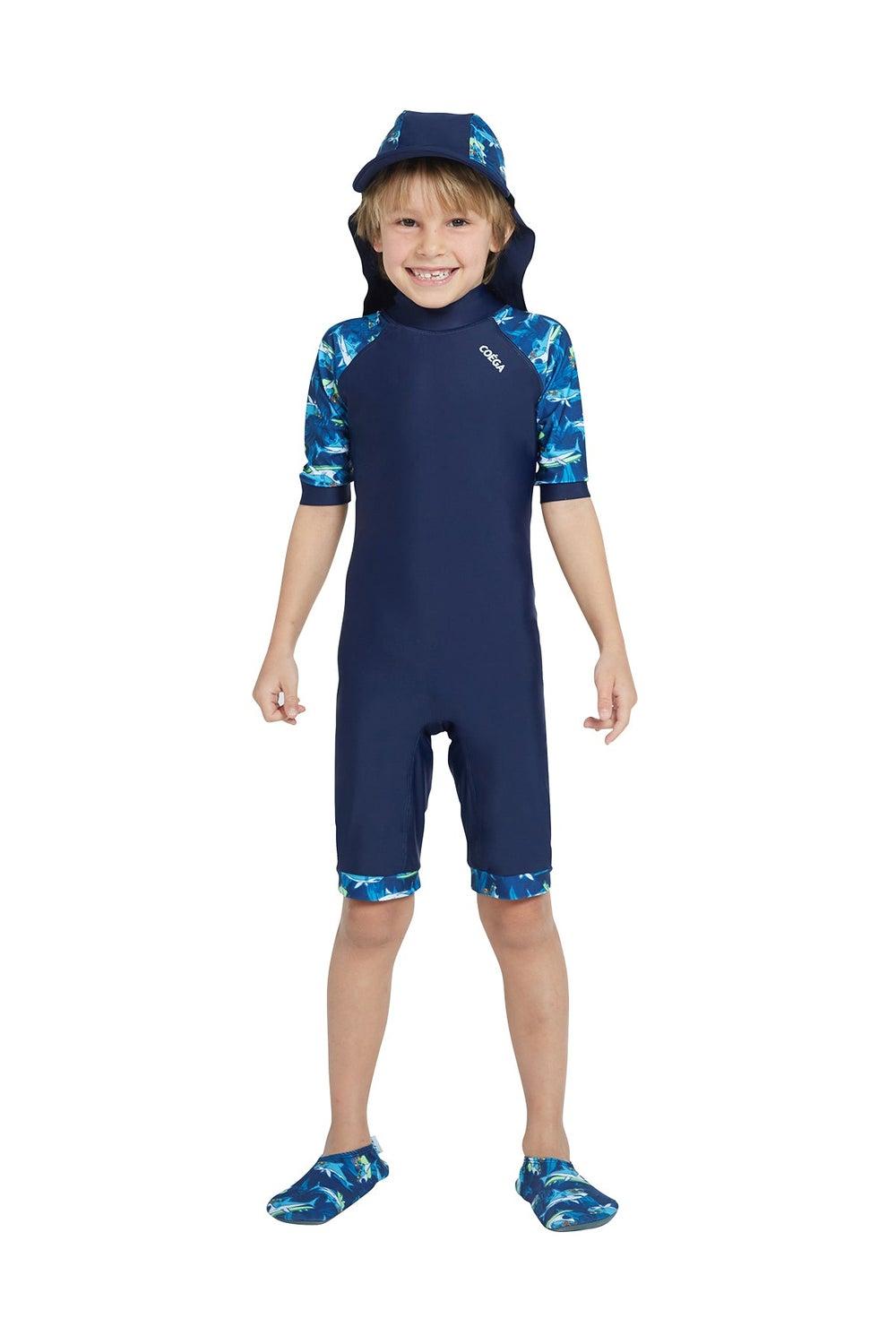 COEGA Boys One-Piece Swimsuit Navy Sharks UV50 - Image 1