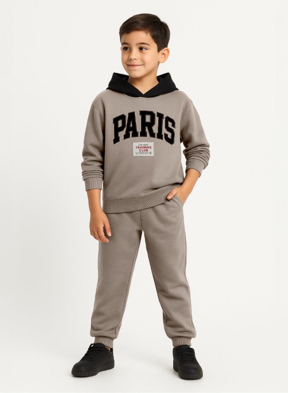 Boys Paris Patch Hoodie Fleece Tracksuit Sand Beige - Image 1