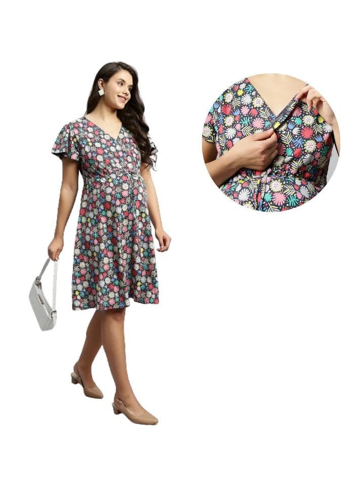 Dark Floral Wrap Midi Dress with V-Neck Elegance - Image 1