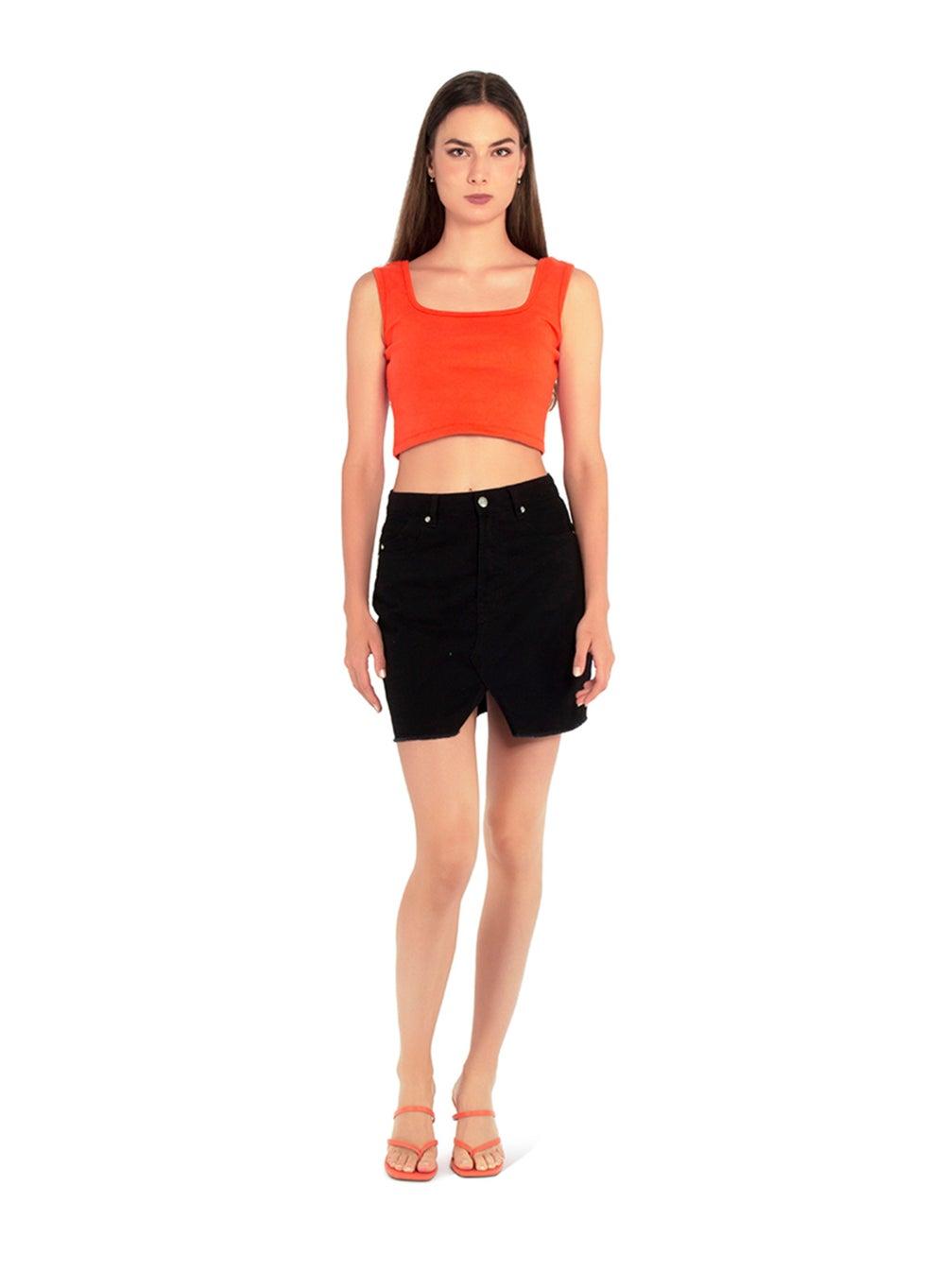 Black Distressed Denim Mini Skirt with Front Split - Image 1