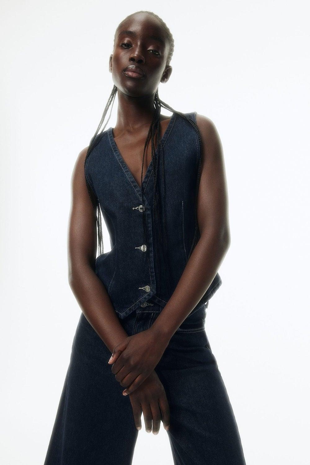 Tailored Dark Wash Denim Waistcoat V-Neck - Image 1