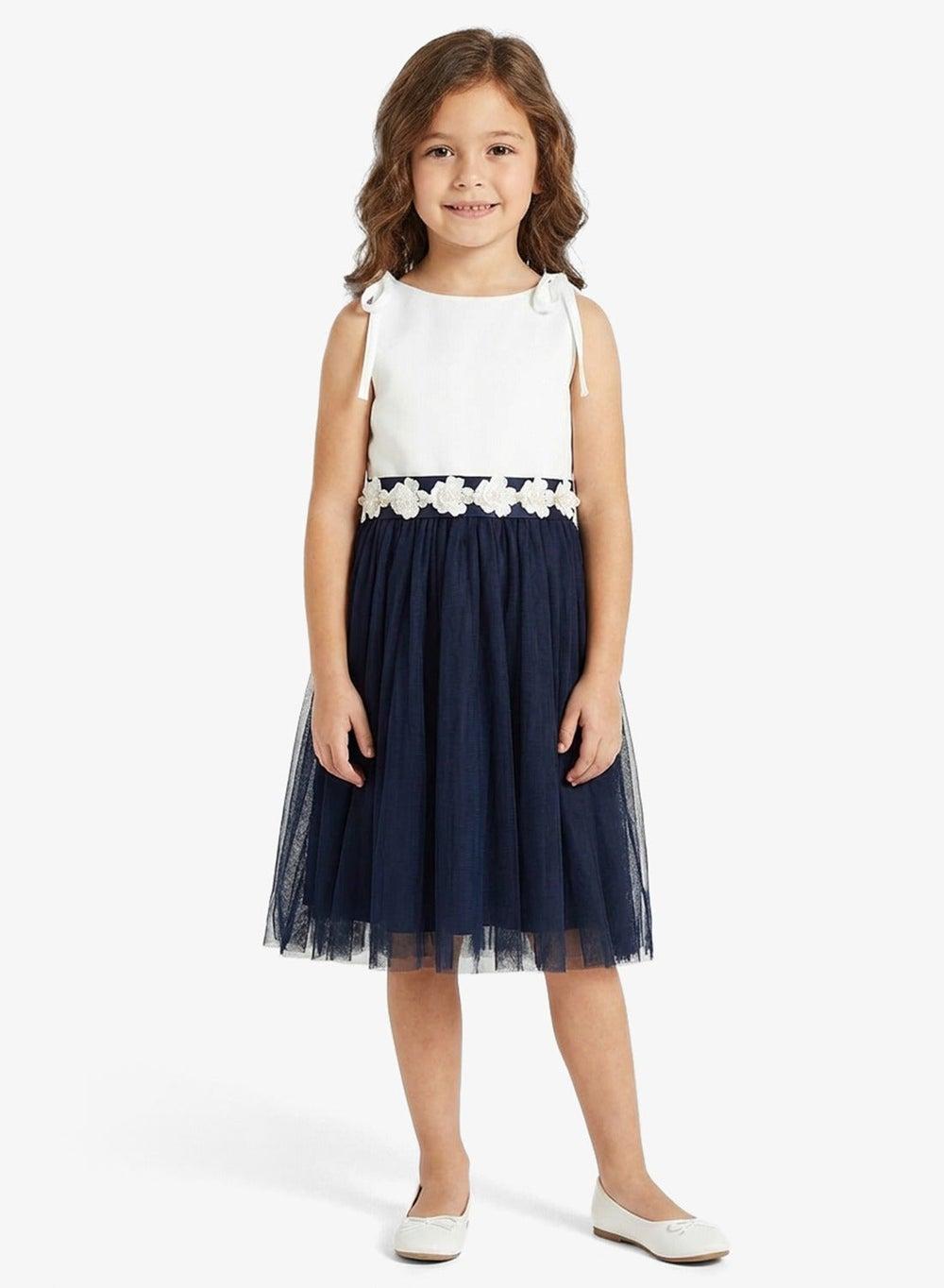 Floral Waistline Navy Tulle Maxi Dress - Image 1