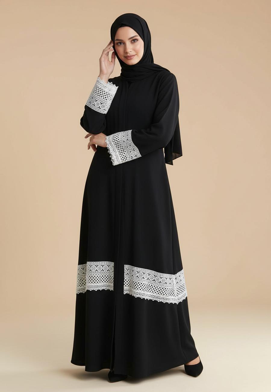 Black Nida Abaya 787 with White Lace Trim - Image 1