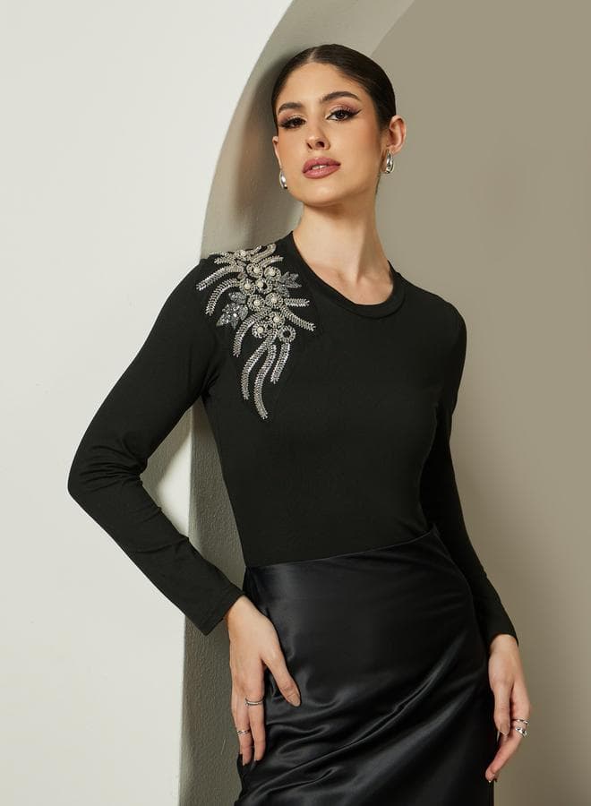 Black Embroidered Round Neck Slim Knit Top 7011892701 - Image 1